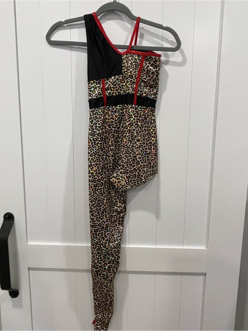 Girls' dance costume Leopard Asymmetric Dance Costume with Red Trim child medium